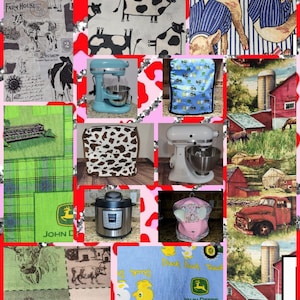 May include: A collage of images featuring various farm-themed designs, including cows, barns, tractors, and John Deere logos. The collage also includes images of kitchen appliances, such as a stand mixer and a pressure cooker.