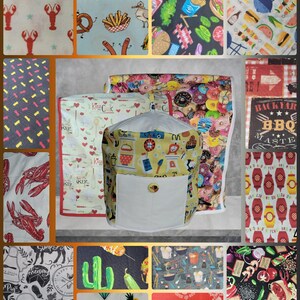 May include: A collection of fabric pieces with various food-themed and patterned designs. The fabrics feature images of lobsters, pizza, donuts, and barbecue-related graphics. One fabric piece is a white and yellow appliance cover with a pocket.