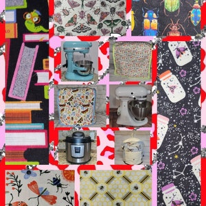 May include: A collage of images featuring various fabric designs, including a book stack, a blue stand mixer, a white stand mixer, a pressure cooker, a beehive pattern, a jar with a butterfly design, and a butterfly and flower pattern.