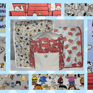 May include: A set of six different fabric squares featuring Peanuts characters. The squares are all different colors and patterns, and they feature various Peanuts characters, including Snoopy, Woodstock, and Charlie Brown. The squares are all made of soft, comfortable fabric and would be perfect for a variety of crafting projects.