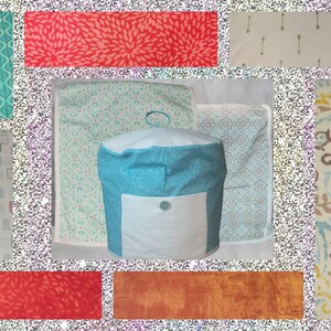 May include: A blue and white fabric storage container with a white pocket and a silver button. The container is surrounded by various fabric swatches with patterns in teal, red, and beige. The background is a glittery silver.