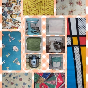 May include: A collage of fabric swatches featuring various patterns, including a honeycomb design, a floral pattern with fairies, a blue and white pattern with sewing tools, a patchwork quilt, and a geometric pattern with black, white, red, yellow, and blue colors. The collage also includes images of kitchen appliances, such as a stand mixer and a pressure cooker.