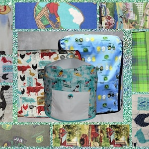 May include: A collage of fabric patterns and items. The central focus is on three covers with different patterns: a cow and chicken print, a surfing dog print, and a blue tractor print. Surrounding fabrics include cowboy, farm, and landscape designs.