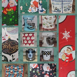 May include: A collage of Christmas-themed kitchen appliance covers. The covers feature various designs, including Santa Claus, snowmen, reindeer, and elves. There are also covers with a snowflake pattern and a "Greetings" ornament design. The covers are made of fabric and are designed to fit various kitchen appliances, such as stand mixers, slow cookers, and Instant Pots.