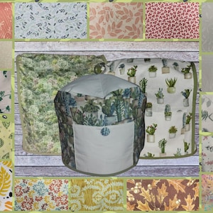 May include: A collection of fabric samples and a bean bag chair. The fabrics feature various botanical patterns in shades of green, pink, and orange. The bean bag chair has a white pocket and a cactus print.