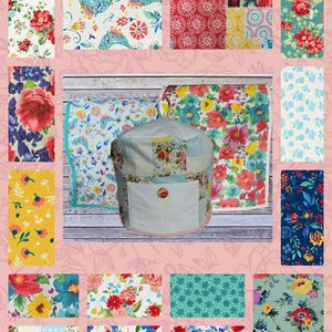 May include: A collection of floral fabric swatches and kitchen appliance covers. The fabrics feature various floral patterns in red, blue, yellow, and teal. The appliance covers include a stand mixer cover and a toaster cover, all with floral designs.