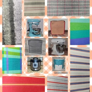 May include: A collage of images featuring various kitchen textiles and appliances. The collage includes a variety of striped and checkered patterns in different colors, including red, blue, green, and white. There are also images of a blue stand mixer, a white stand mixer, a pressure cooker, and a variety of kitchen appliance covers.