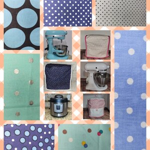 May include: Collage of various kitchen appliance covers and fabrics. Includes a light blue stand mixer, a silver Instant Pot, and covers with polka dot and geometric patterns in blue, white, and pink. The background is a peach and white checkered pattern.