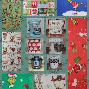May include: A collage of 10 different fabric designs featuring the Grinch and other Christmas characters. The fabrics are in various colors, including red, green, white, and blue. The fabrics are all printed with different designs, including the Grinch, Santa Claus, reindeer, and Christmas trees.