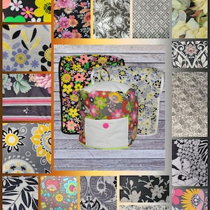 May include: A collage of fabric swatches and a floral-patterned tote bag. The swatches feature various floral and geometric designs in colors like black, yellow, pink, and gray. The tote bag has a white pocket with a pink button.
