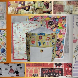 May include: A collection of colorful fabric designs featuring various themes, including kitchen, bar, backyard, and donuts. The fabrics are printed with different patterns and colors, such as red, blue, yellow, green, and white. The fabrics are perfect for crafting, quilting, and home decor projects.