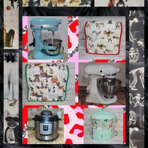 May include: A collage of images featuring kitchen appliances and themed fabric covers. The appliances include a stand mixer, a pressure cooker, and a food processor. The fabric covers feature various designs, including dogs, pumpkins, and skeletons.