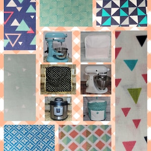 May include: A collage of images featuring various fabric patterns and kitchen appliances. The fabrics include geometric patterns in shades of blue, green, pink, and white. The appliances include a stand mixer, a pressure cooker, and a blender. The collage is titled "PIC-COLLAGE".