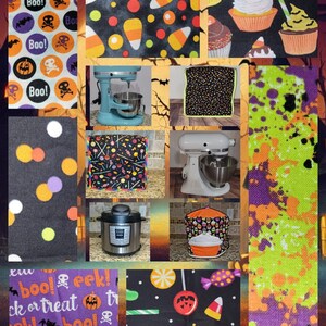 May include: A collage of Halloween-themed fabric designs featuring various patterns, including candy corn, pumpkins, bats, skulls, and polka dots. The designs are displayed on a variety of kitchen appliances, including a stand mixer, a slow cooker, and a food processor. The text "boo! eek! trick or treat" is visible in the bottom left corner of the collage.