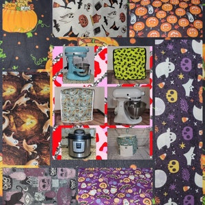 May include: A collage of different Halloween-themed fabric designs. The designs feature pumpkins, ghosts, bats, candy corn, skulls, and other spooky elements. The fabrics are in various colors, including black, orange, purple, and green. The fabrics are perfect for crafting Halloween-themed projects, such as costumes, decorations, and accessories.