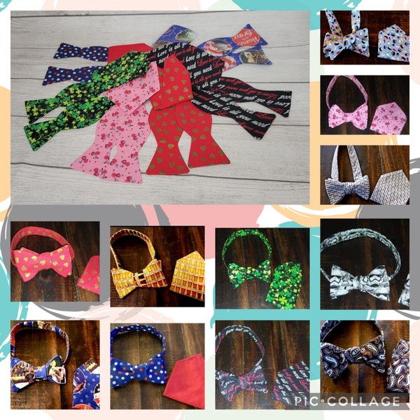 Handcrafted Fabric Self Tie Freestyle Bow Tie Set Choice in a Variety of Prints with Matching Pocket Square