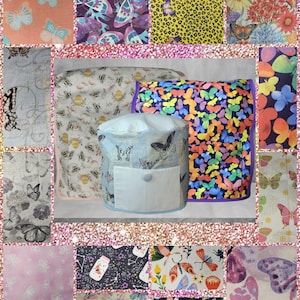 May include: A collection of butterfly-themed fabric items, including a light blue and white patterned hat with a pocket, and various fabric swatches. The swatches feature diverse butterfly designs in multiple colors, including pink, purple, and yellow.