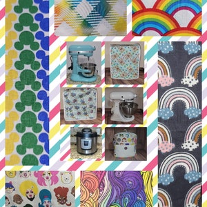 May include: Collage of various kitchen and home decor items, including a blue stand mixer, a white stand mixer, a black and silver pressure cooker, a rainbow patterned fabric, a fabric with a Mickey Mouse pattern, a fabric with a rainbow and cloud pattern, and a fabric with a cartoon character pattern.