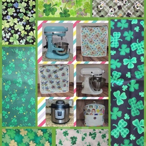 May include: A collage of images featuring various fabrics with a shamrock pattern, kitchen appliances, and a variety of other items. The fabrics are in various shades of green and black with white accents. The kitchen appliances include a stand mixer, a pressure cooker, and a variety of other items.