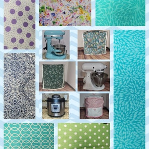 May include: A collage of different fabric patterns, including polka dots, floral prints, and geometric designs. The collage also includes images of kitchen appliances, such as a stand mixer and a pressure cooker.