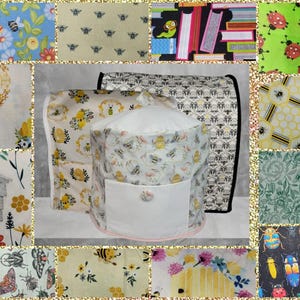 May include: A collection of fabric swatches with various insect and floral patterns. The central focus is on a white appliance cover with a bee and floral design, complemented by a matching cover and a patterned mat.