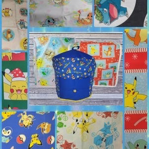 May include: A collage of fabric patterns and a blue bag featuring various cartoon characters. The fabrics display characters like Pikachu, Charmander, and Squirtle on white, blue, and red backgrounds. The blue bag has a flap and button closure.