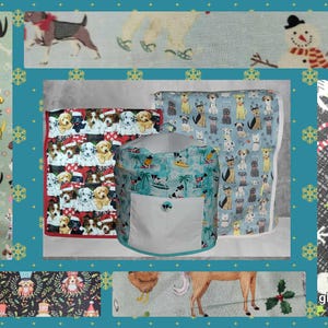 May include: A collection of fabric items with various dog-themed patterns. Designs include dogs in holiday attire, surfing dogs, and other dog illustrations. The color palette is diverse, featuring blues, reds, and greens.