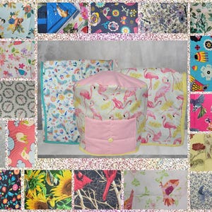 May include: A pink and white flamingo-themed appliance cover set. The set includes a cover with a pocket and button, and two matching covers. The background features various fabric swatches with floral and bird patterns.