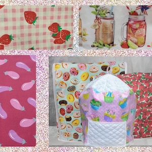 May include: A collage of fabric patterns and kitchen appliance covers. Patterns include strawberries on a pink gingham, eggplants on a red background, donuts, and mason jars with fruit. The appliance cover has a cupcake pattern.