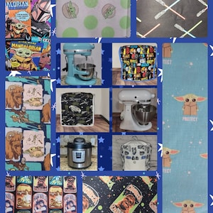 May include: A collage of images featuring Star Wars and The Mandalorian themed fabric designs. The designs include characters like Yoda, Grogu, and Chewbacca. The fabrics are in various colors, including blue, green, black, and white. The fabrics are suitable for crafting projects like making kitchen accessories, such as mixer covers, appliance covers, and oven mitts.