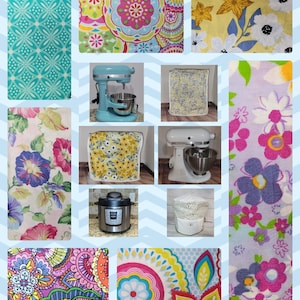 May include: A collage of images featuring various kitchen appliance covers with floral and geometric patterns. The covers are designed to fit stand mixers, slow cookers, and other kitchen appliances. The images also include a variety of fabrics with floral and geometric patterns.