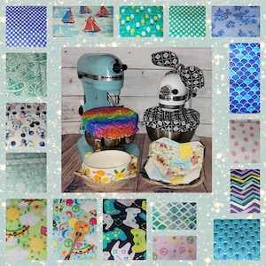 May include: A collection of colorful fabric bowl covers and mixer covers. The covers feature various patterns, including polka dots, sailboats, floral designs, and geometric shapes. The covers are designed to fit over bowls and mixers.