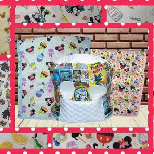 May include: A set of four kitchen towels featuring a variety of Disney character designs, including Mickey Mouse, Minnie Mouse, and Donald Duck. The towels are made of a soft, absorbent fabric and are perfect for drying dishes, hands, and spills.  The towels are also great for adding a touch of Disney magic to your kitchen.