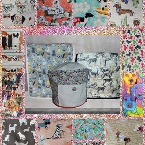 May include: A collection of dog-themed fabric patterns and a kitchen appliance cover. The fabrics feature various dog breeds in different styles, including Dalmatians, dachshunds, and dogs wearing glasses. The appliance cover is light gray with a dog print and a white pocket.