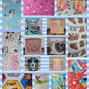 May include: A collage of different fabric patterns featuring cartoon characters like Paw Patrol, Cookie Monster, Brown Bear, Peppa Pig, and a blue dog. The fabrics are displayed on a blue and white striped background. There are also images of kitchen appliances like a stand mixer and a pressure cooker.