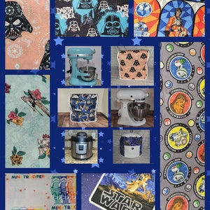 May include: A collage of Star Wars-themed fabric patterns and kitchen appliances. Includes a light blue stand mixer, a silver Instant Pot, and covers for the appliances. The fabrics feature Darth Vader, Stormtroopers, and other characters.