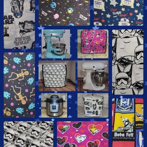 May include: A collage of images featuring Star Wars themed fabric designs. The designs include characters like R2-D2, Boba Fett, and Stormtroopers. The fabrics are in various colors, including black, white, red, and blue. The fabrics are perfect for crafting projects, such as quilting, sewing, and scrapbooking.