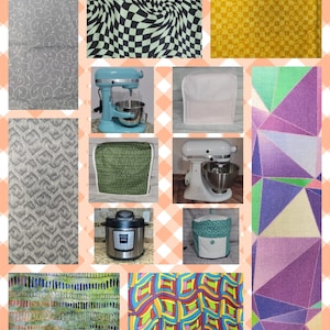 May include: A collage of different fabric patterns, including a green and black checkered pattern, a yellow floral pattern, a purple geometric pattern, and a green and brown abstract pattern. There are also images of kitchen appliances, including a stand mixer and a pressure cooker.