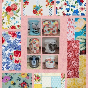 May include: A collage of images featuring various kitchen items, including a stand mixer, a slow cooker, and a variety of floral patterned fabric. The fabrics feature a mix of red, blue, yellow, and green floral patterns.