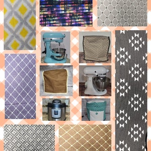 May include: A collage of images featuring various kitchen appliance covers and fabrics. The covers are in a variety of colors and patterns, including brown, beige, teal, and gray. The fabrics are also in a variety of colors and patterns, including yellow, gray, and black. The images are arranged in a grid pattern.