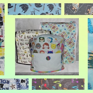 May include: Three fabric appliance covers with various patterns. One cover features cartoon faces, another has a music theme, and the third has a rock and roll theme. The covers are white with colorful accents.