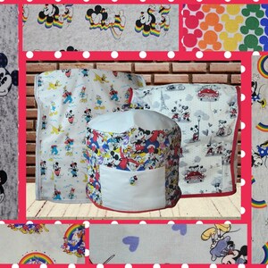 May include: A set of six fabric squares featuring a Mickey Mouse theme. The squares are in various colors and patterns, including red, white, blue, and grey. Each square features a different Mickey Mouse design, including a classic Mickey Mouse head, Mickey Mouse with a rainbow, and Mickey Mouse with a red bow.