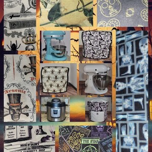 May include: A collage of images featuring various kitchen items with a spooky Halloween theme. The images include a stand mixer, a slow cooker, a set of kitchen appliance covers, and a variety of fabric patterns with skulls, skeletons, and other Halloween motifs. The text "House of Salem's Old Curiosity Shop" is visible in the bottom left corner.