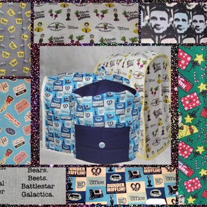 May include: A collage of fabric designs featuring various themes, including "Assistant to the Regional Manager", "Bears. Beets. Battlestar Galactica", "Dunder Mifflin", and "Happy Holidays".
