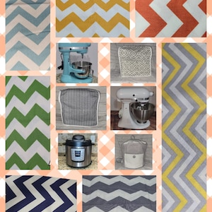 May include: A collage of images featuring various kitchen appliances and fabric swatches with chevron patterns in different colors, including blue, green, yellow, gray, and orange. The appliances include a stand mixer, a pressure cooker, and a kitchen appliance cover.