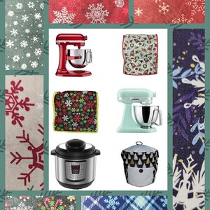 May include: A collection of kitchen appliance covers featuring various winter-themed patterns. The covers are in a variety of colors, including red, green, blue, and white. The patterns include snowflakes, trees, and other winter motifs. The covers are designed to protect kitchen appliances from dust and dirt.