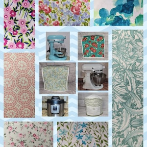 May include: A collage of different fabric patterns, including floral, geometric, and abstract designs. The fabrics are in various colors, including pink, blue, green, and white. There are also images of kitchen appliances, such as a stand mixer and a pressure cooker.