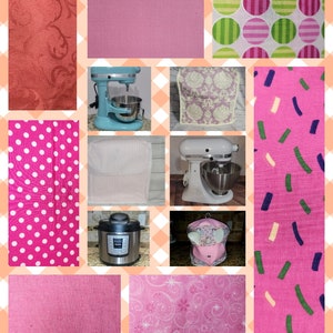 May include: Collage of pink and green fabrics with various patterns, including polka dots, stripes, and floral designs. There are also images of kitchen appliances, including a stand mixer, a pressure cooker, and a kitchen towel.