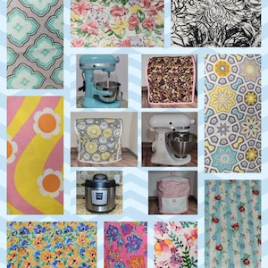 May include: A collage of various fabric patterns and kitchen appliance covers. The patterns include floral, geometric, and striped designs in a variety of colors. The appliance covers are for a stand mixer and a pressure cooker. The image also includes a stand mixer and a pressure cooker.