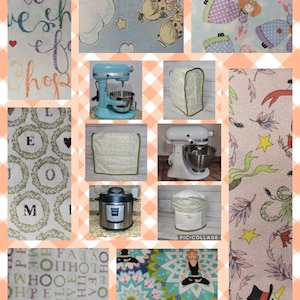 May include: A collage of images featuring various fabric patterns, including floral, geometric, and alphabet designs. There are also images of kitchen appliances, such as a stand mixer and a pressure cooker.
